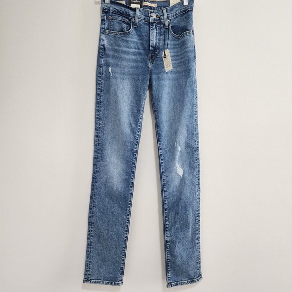 NWT Levi's 724 High Rise Slim Straight Jeans Distressed Retro Blue Size 25